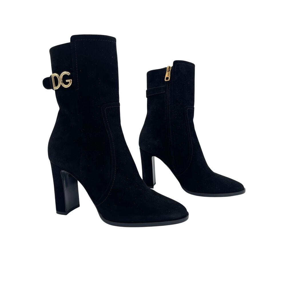 Dolce & Gabbana Black Suede DG Logo Block Heel Round Toe Ankle Boots IT 38